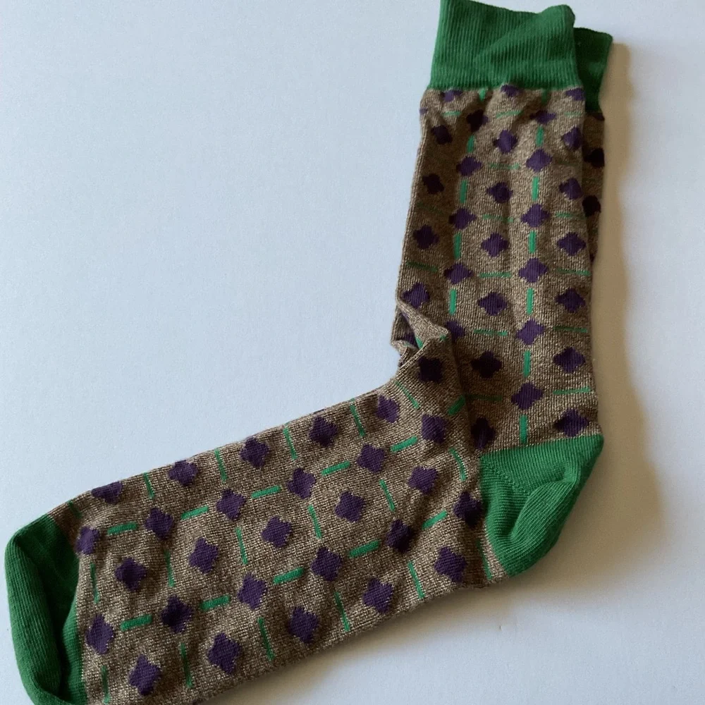 LORENZO UOMO MOROCCAN TILE PRINT CREW SOCKS BROWN GREEN COTTON OS NWOT